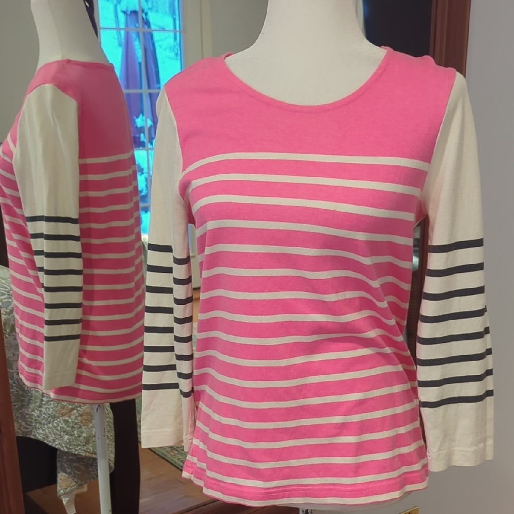 J. Crew Vibrant Pink and Cream Striped Long Sleeve Tee